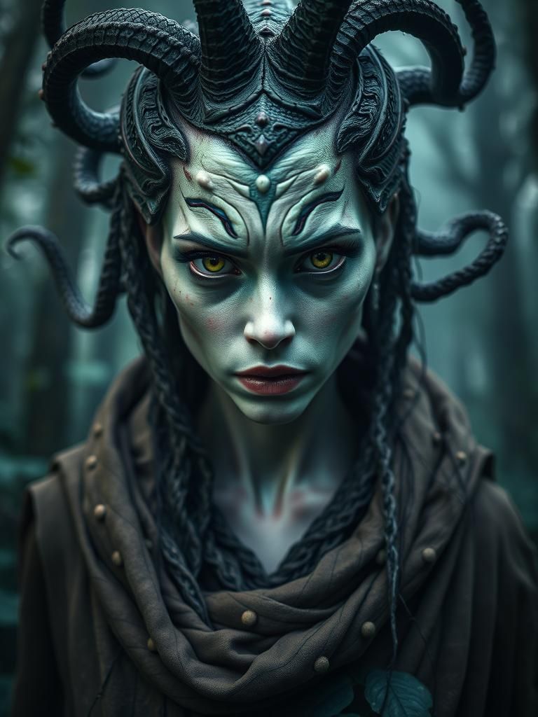Hyper-Realistic Medusa Portrait in Mystical Forest