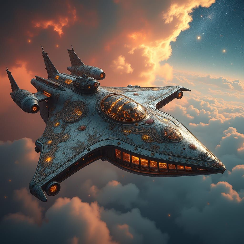 Art Nouveau Spaceship Soaring Through Nebula