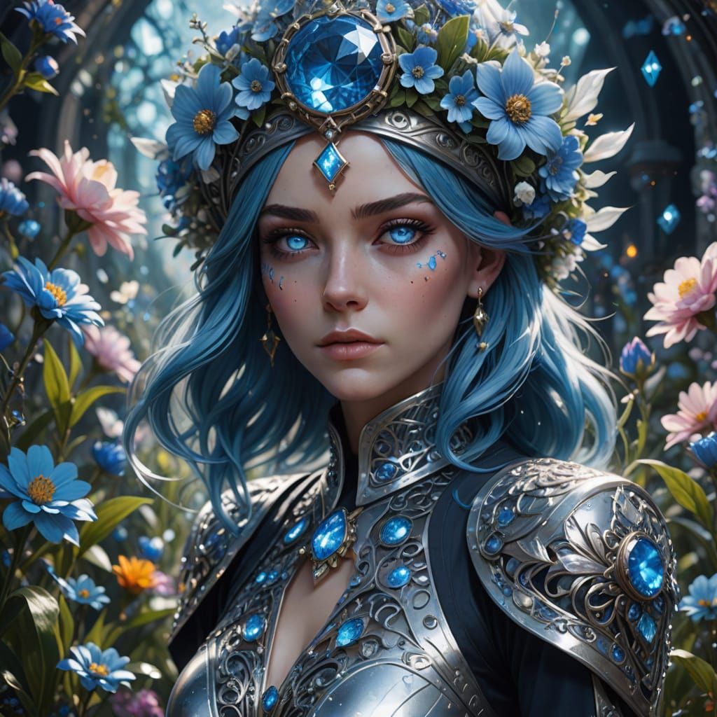 Fantasy Concept Art of Girl With Blue Hair and Crystal Suit