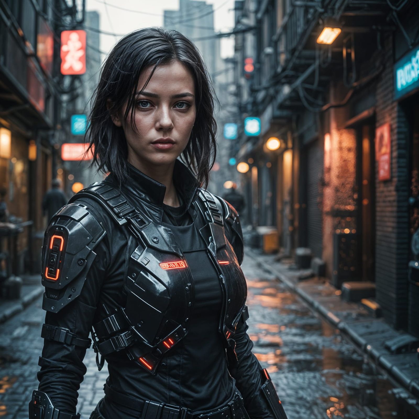 A dark-haired female Russian android assassin, from the future, appears almost human-like