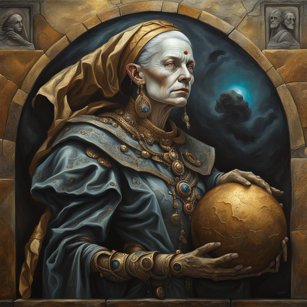 Cyborg Witch Queen Portrait in Oil Painting Style
