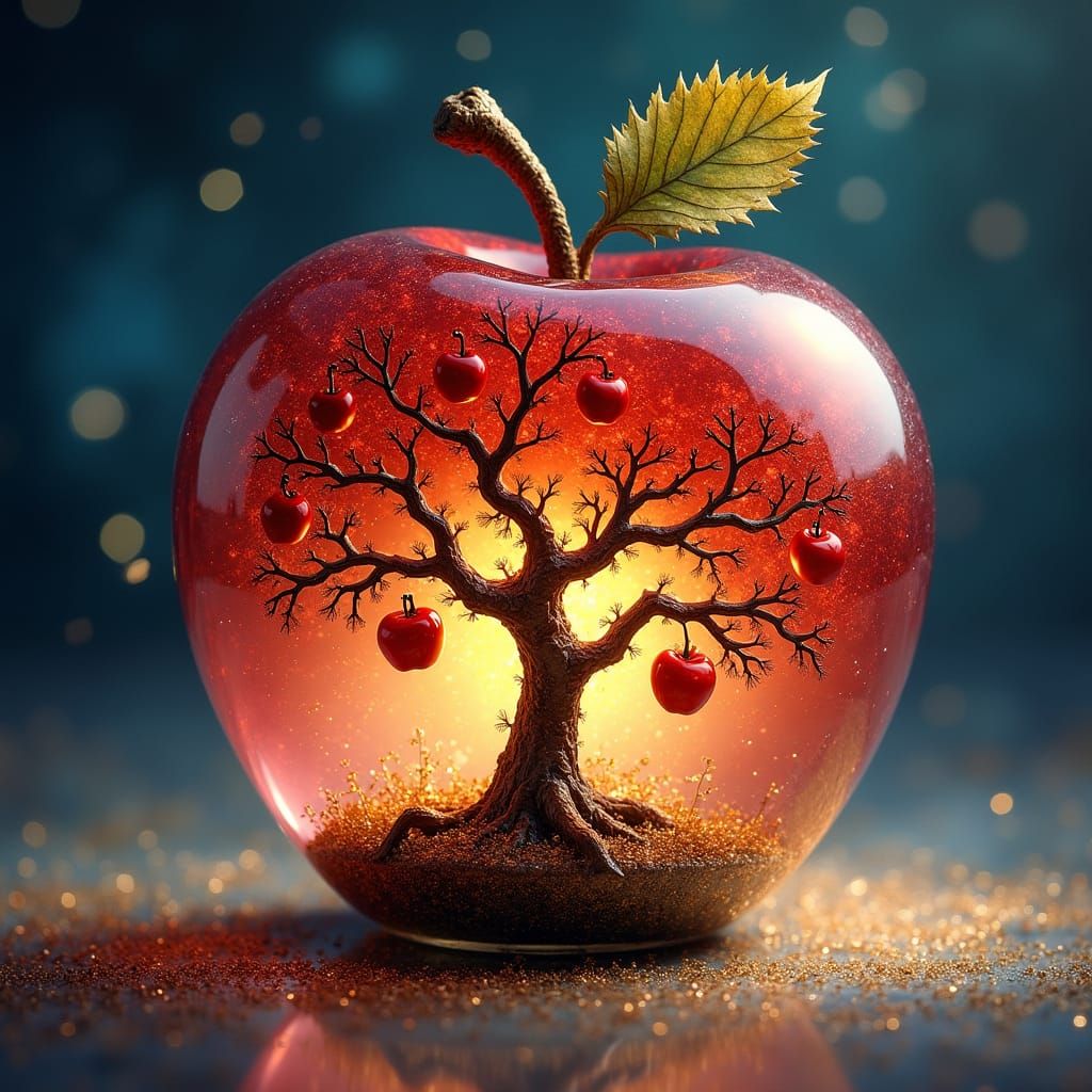 crystal red glass apple Inside is an apple tree