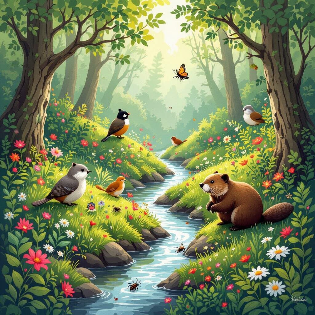 Lush Ecosystem with Birds, Beavers, and Insects