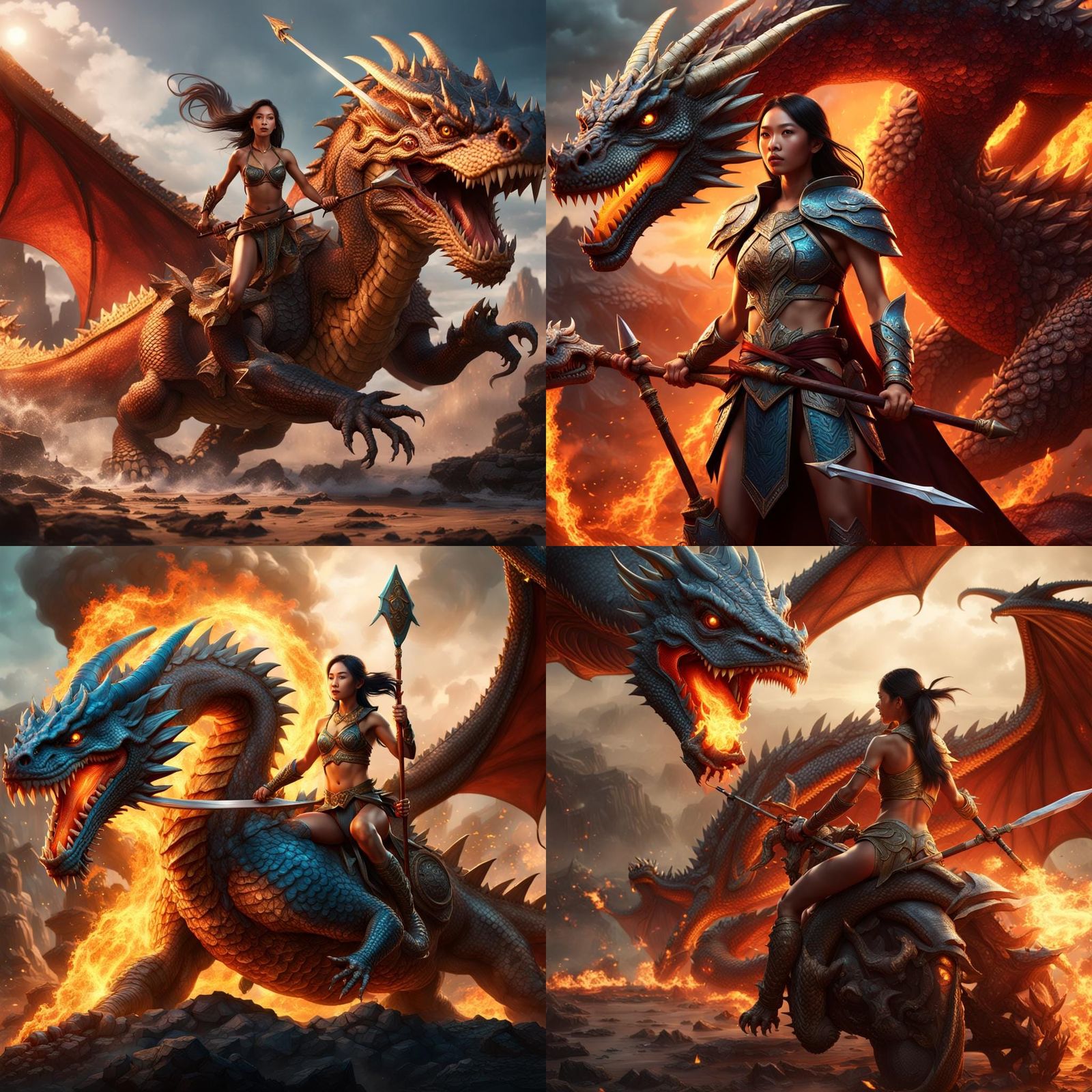 Fantasy Asian Woman Rides Fire Dragon: Detailed Digital Art