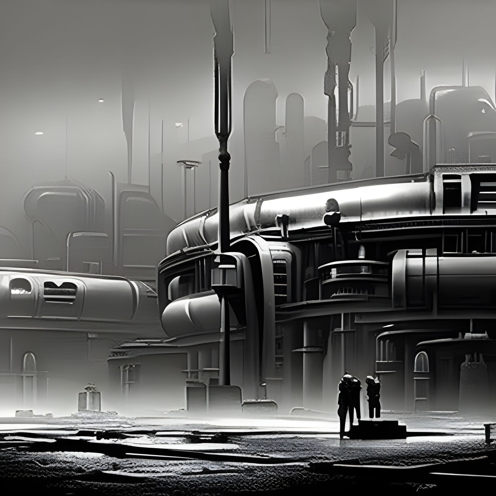 Cyberpunk Industrial Complex in Vintage Black and White