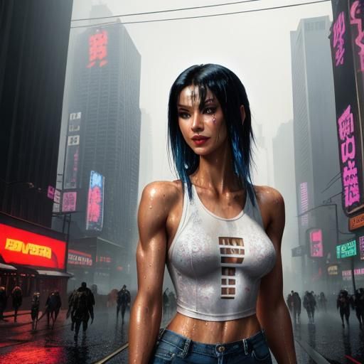 Cyberpunk Goddess in Wet Metropolis