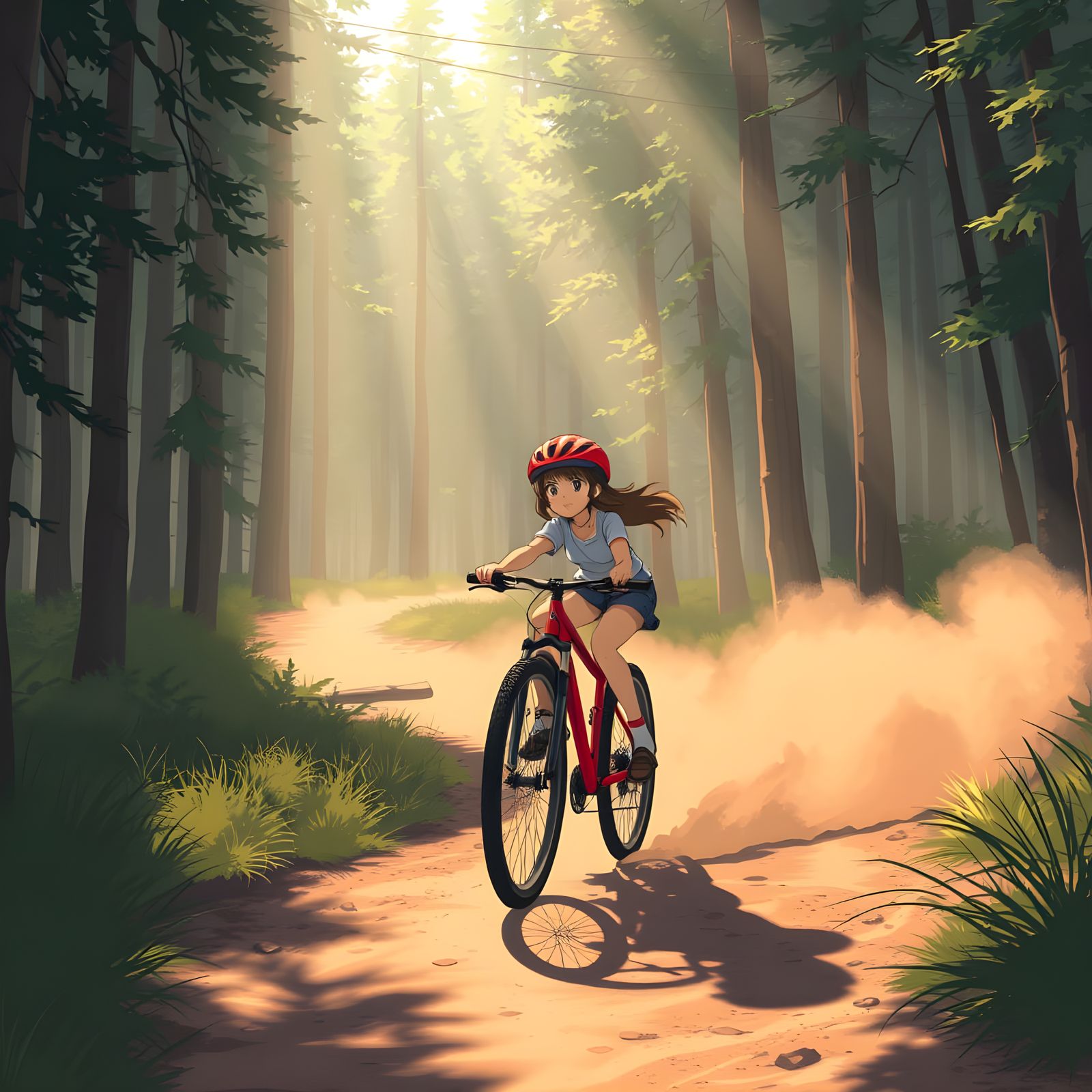 Anime Girl Rides Bike Through Whimsical Forest Landscape