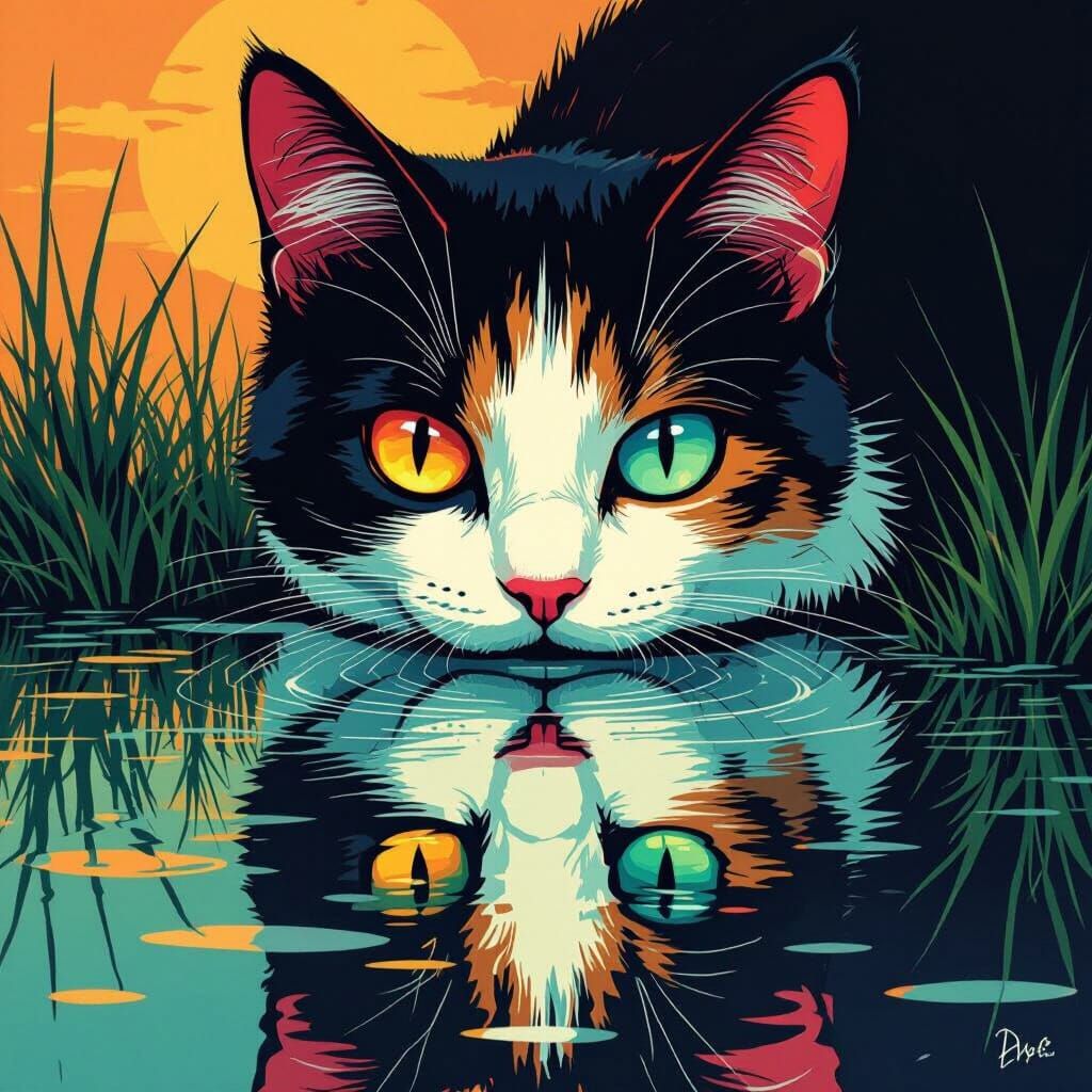 Cat Reflecting in Antique Mirror, Digital Art