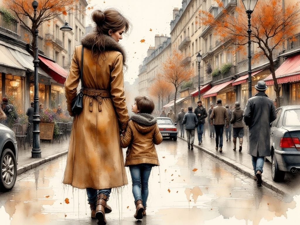 Mother Comforts Daughter in Paris, Ink Wash Art