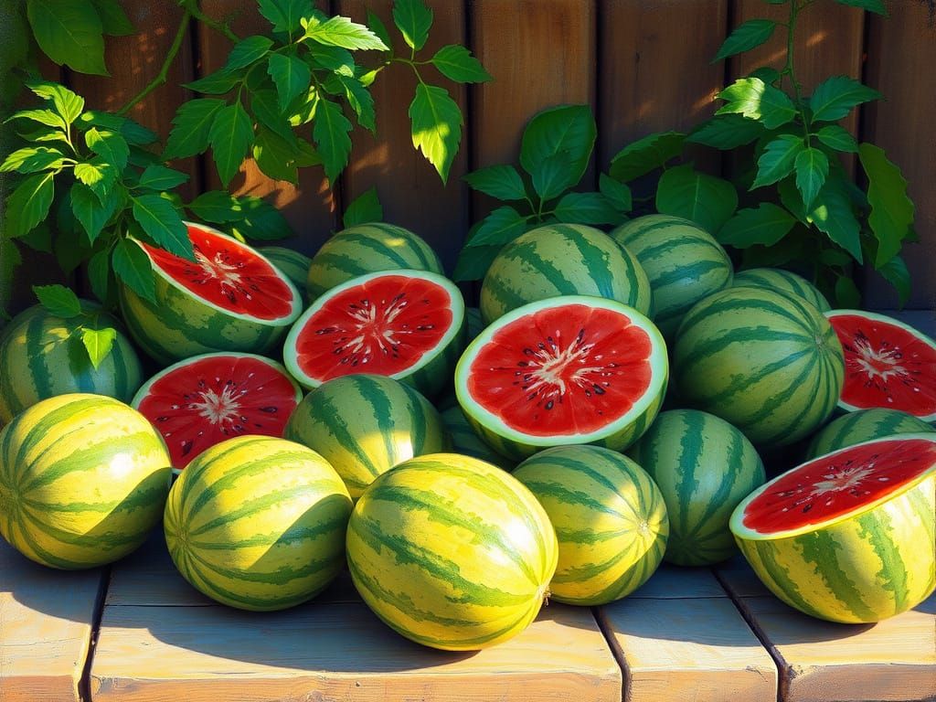 Impressionistic Watermelons on a Rustic Table
