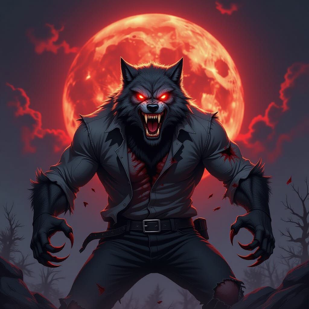 Ferocious Werewolf Howling Under Blood-Red Moon: Dark Fantas...