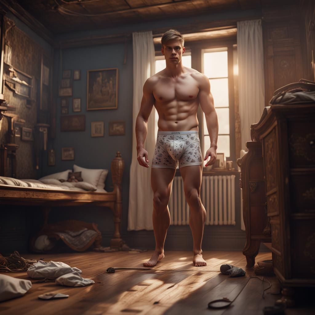 Muscular Man in Boxers in Room: Matte Painting