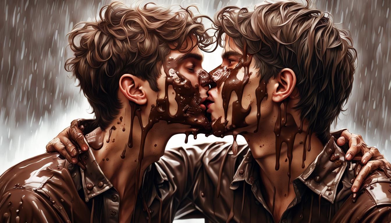 Two Chocolate Covered Men Kissing, Digital Art