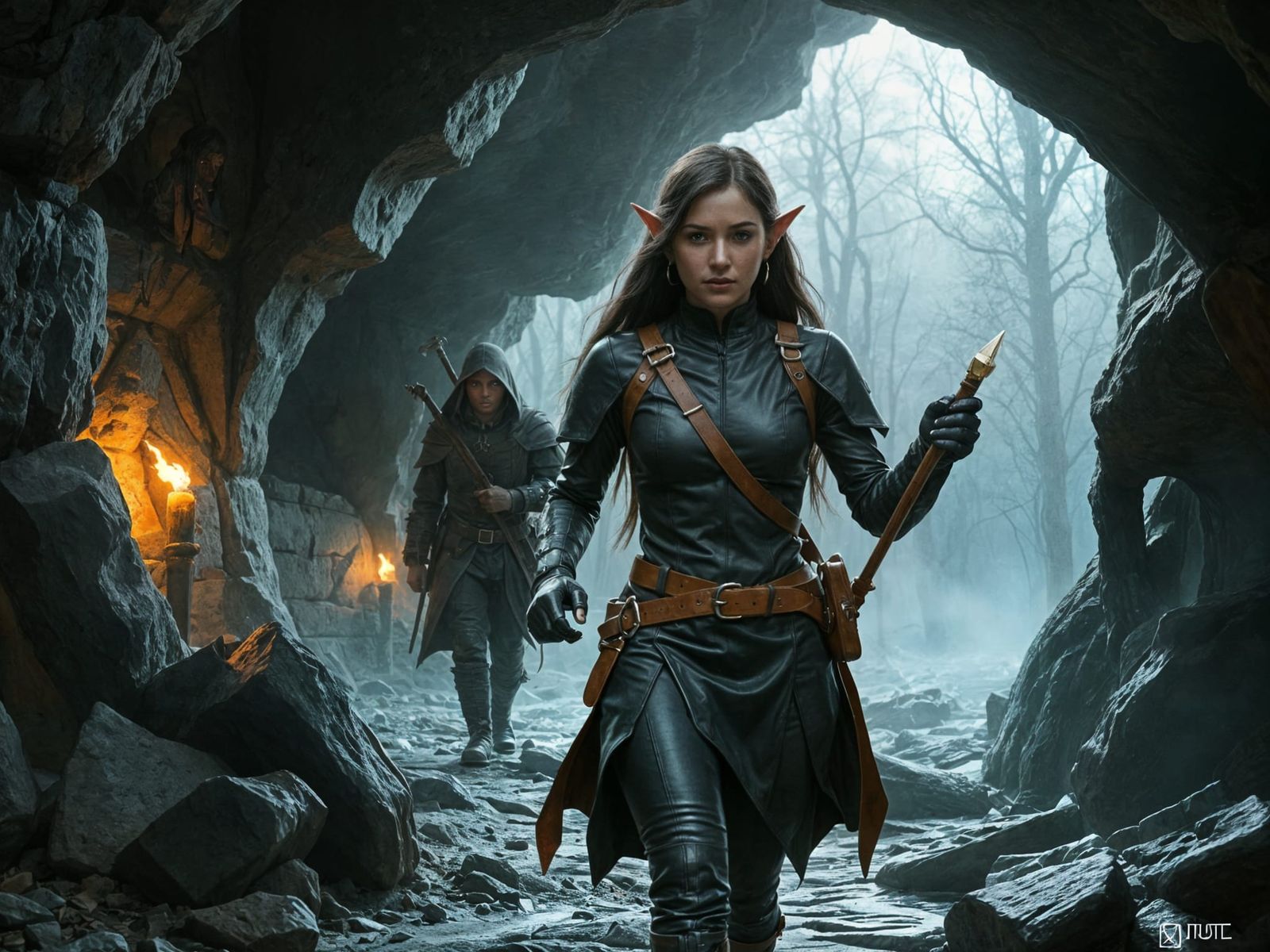 Elf and Warrior Tracking Goblins in Dungeon Cave