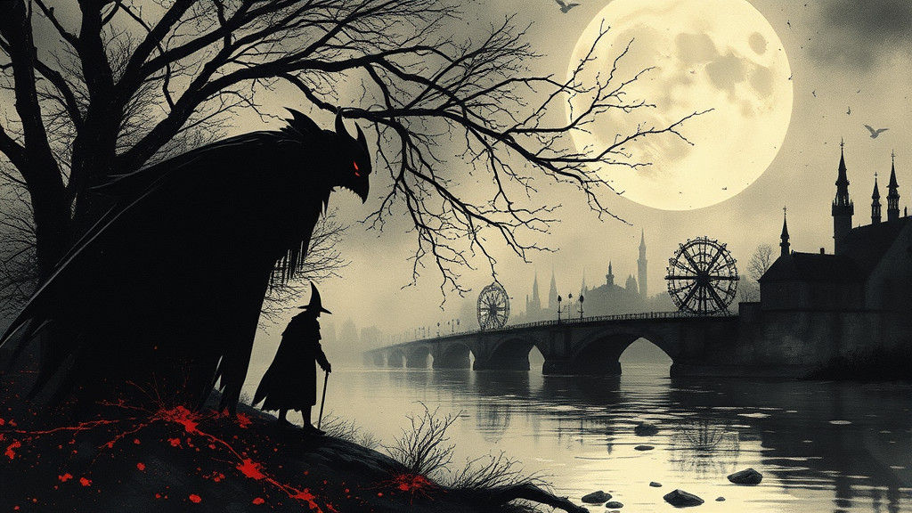 Vampire Silhouette in Steampunk Ink Painting