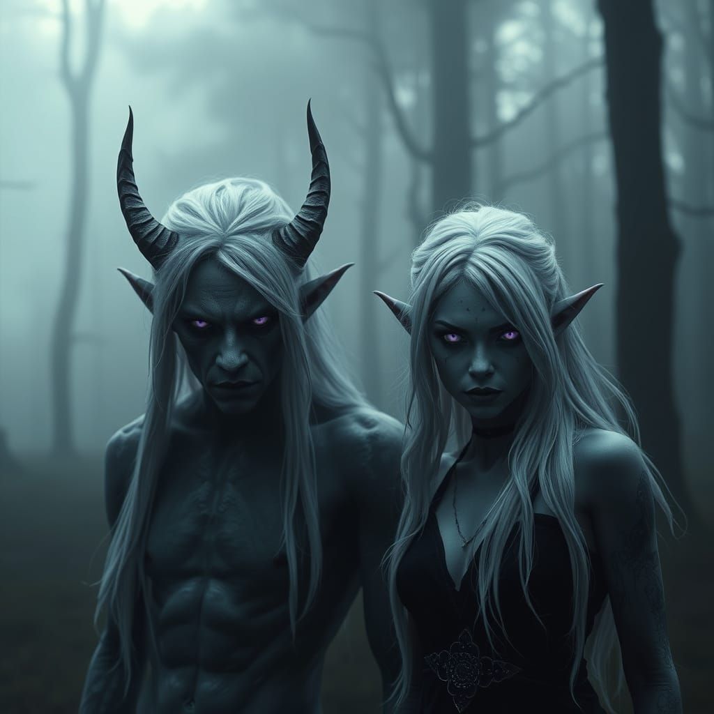 Drow Couple in Eerie Forest Clearing, Dark Fantasy Art