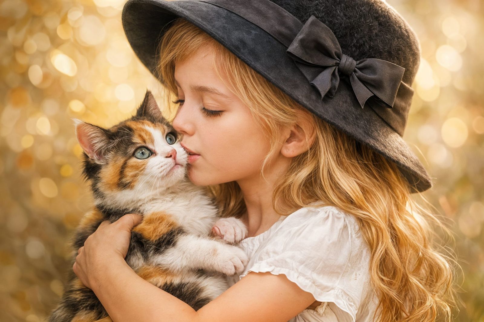 A young, girl, gently kissing a calico kitten.