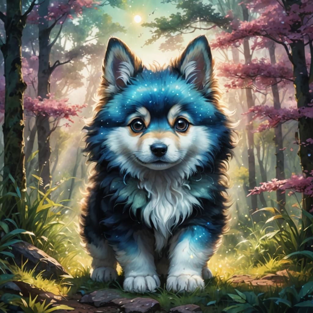 Cute Puppy in Lush Meadow: Anime Concept Art