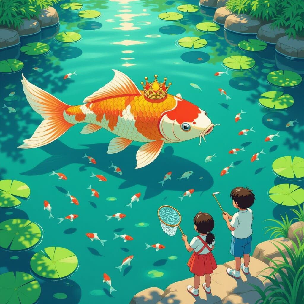 Crowned Koi Carp in Pond, Whimsical Art