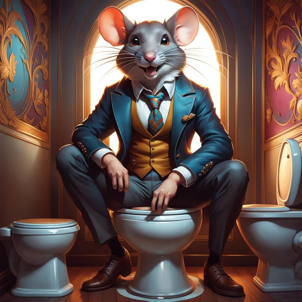 Smiling Mouse on Toilet: Hyperdetailed Concept Art Portrait