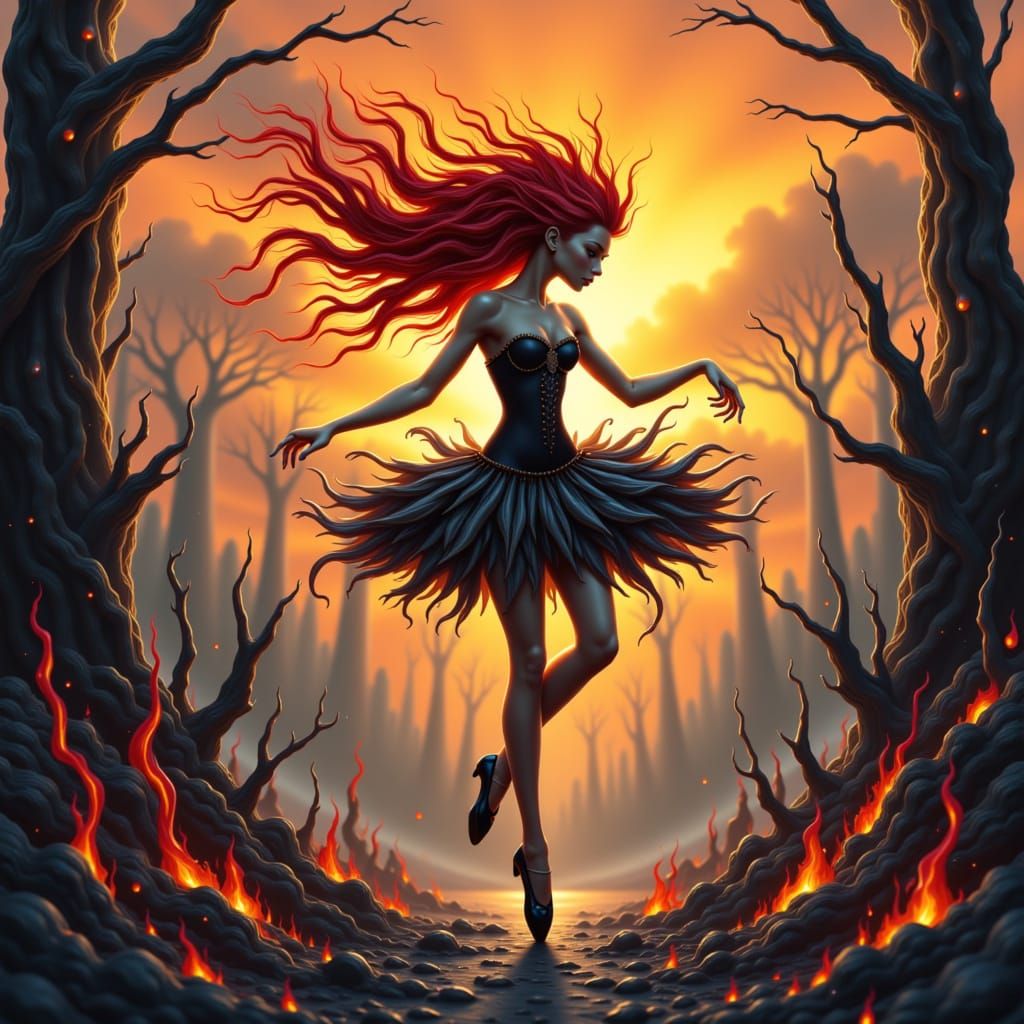 Fiery Sprite in Charred Landscape, Anime Style