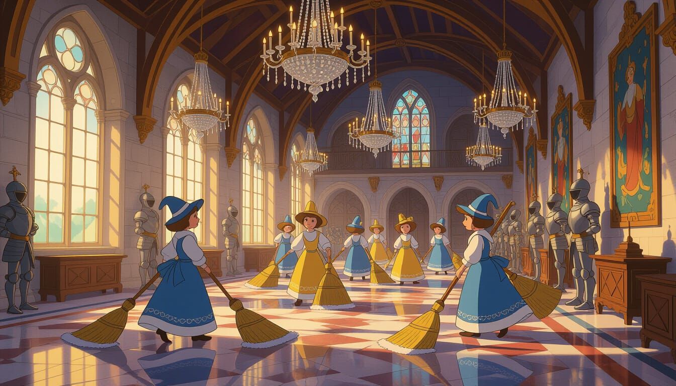 Magical Brooms Cleaning Castle Interior in Disney Ghibli Sty...