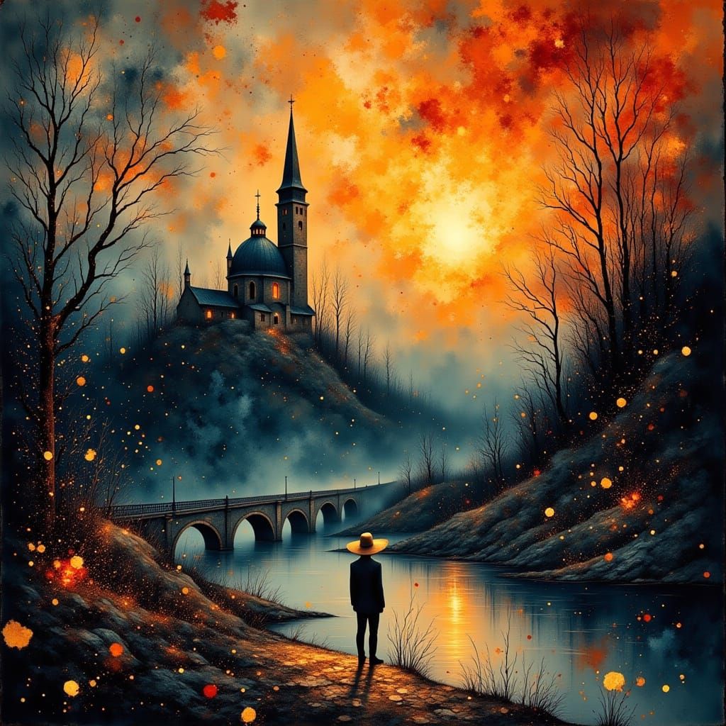 Dramatic Church at Dusk in Surreal Painting
