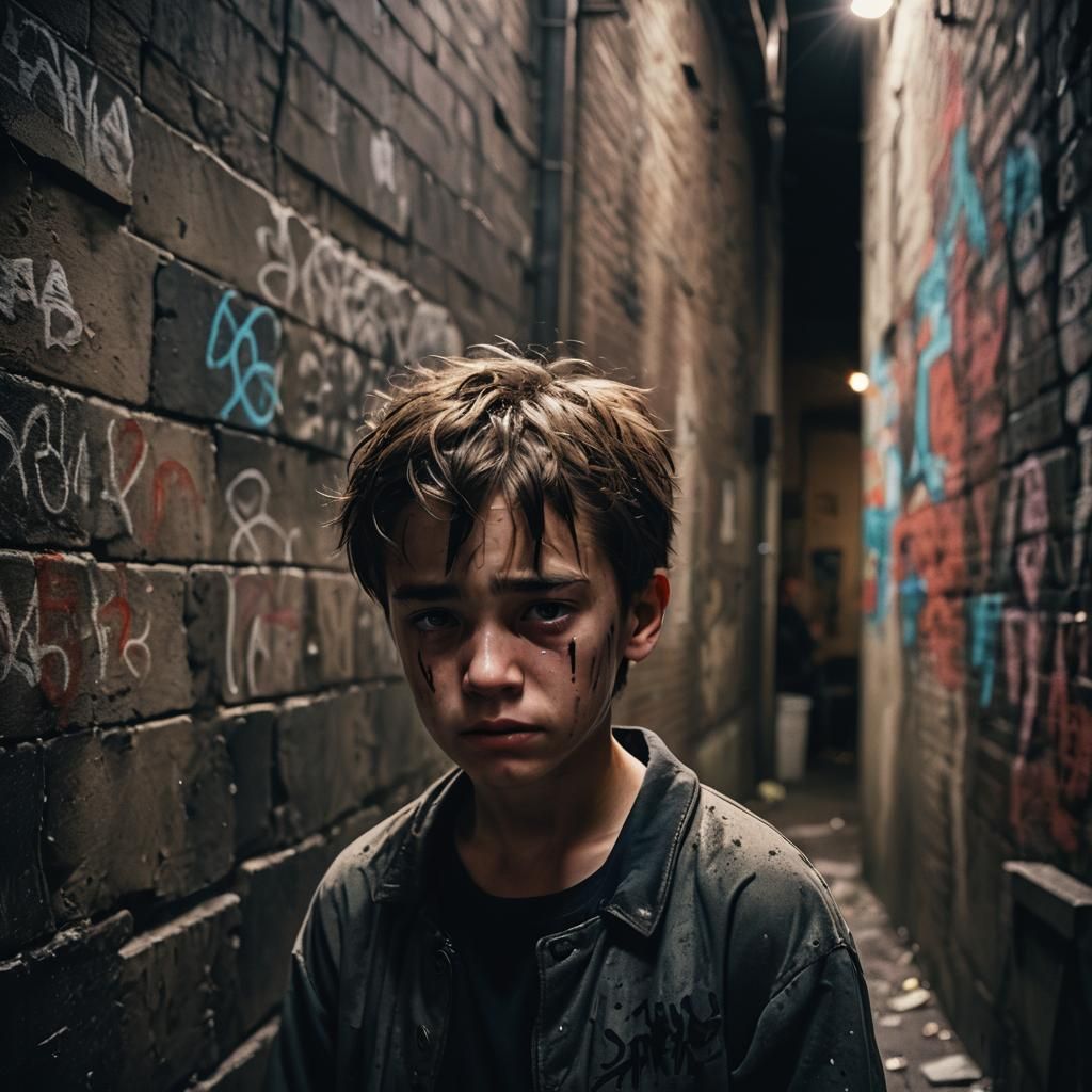 Emotional Film Still: Boy Crying in Dark Alleyway