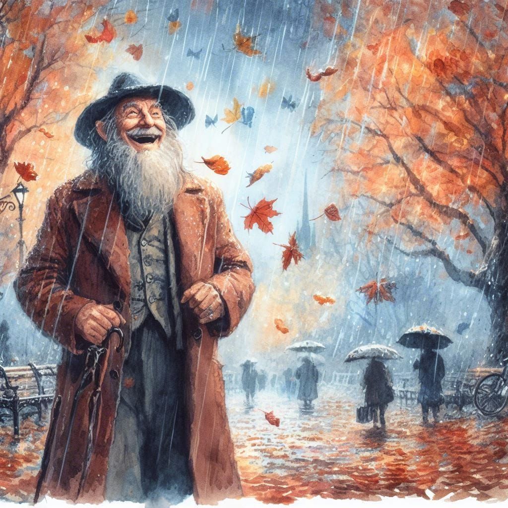 Happy Old Man in Autumn Park, Watercolor Art