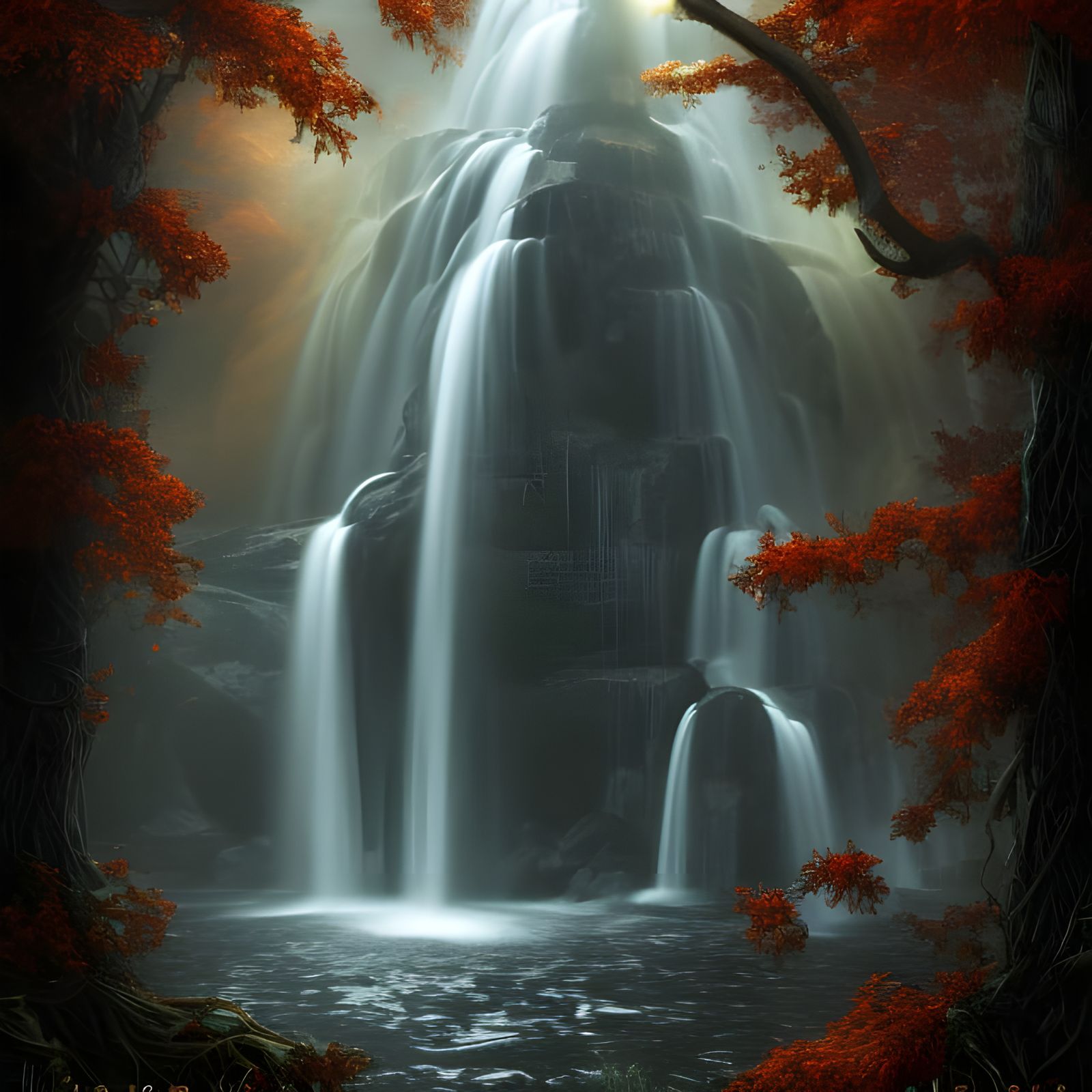 Creepy Autumn Waterfall in Witchcore Style