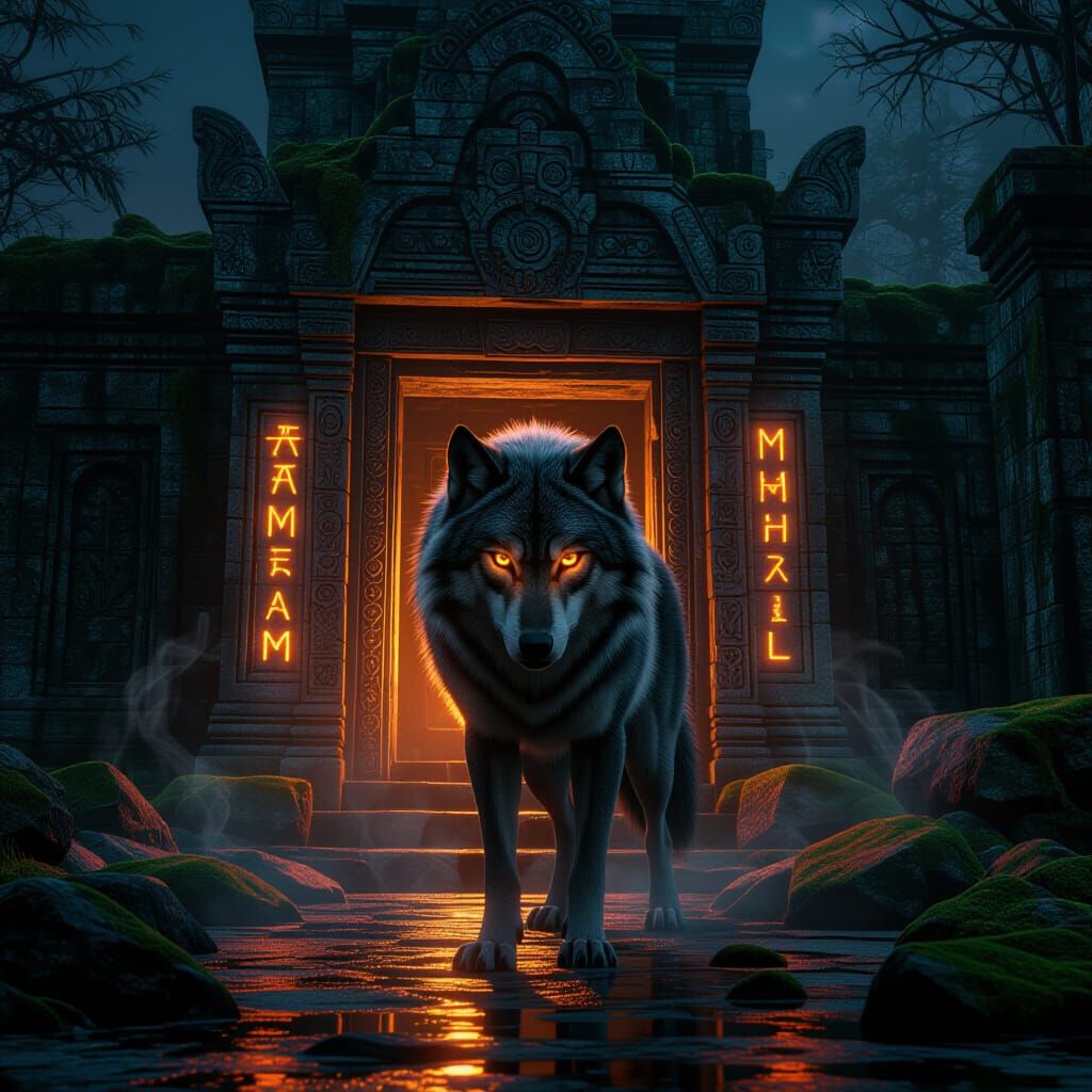 Lone Wolf Guarding Ancient Temple in Moody Neon Light