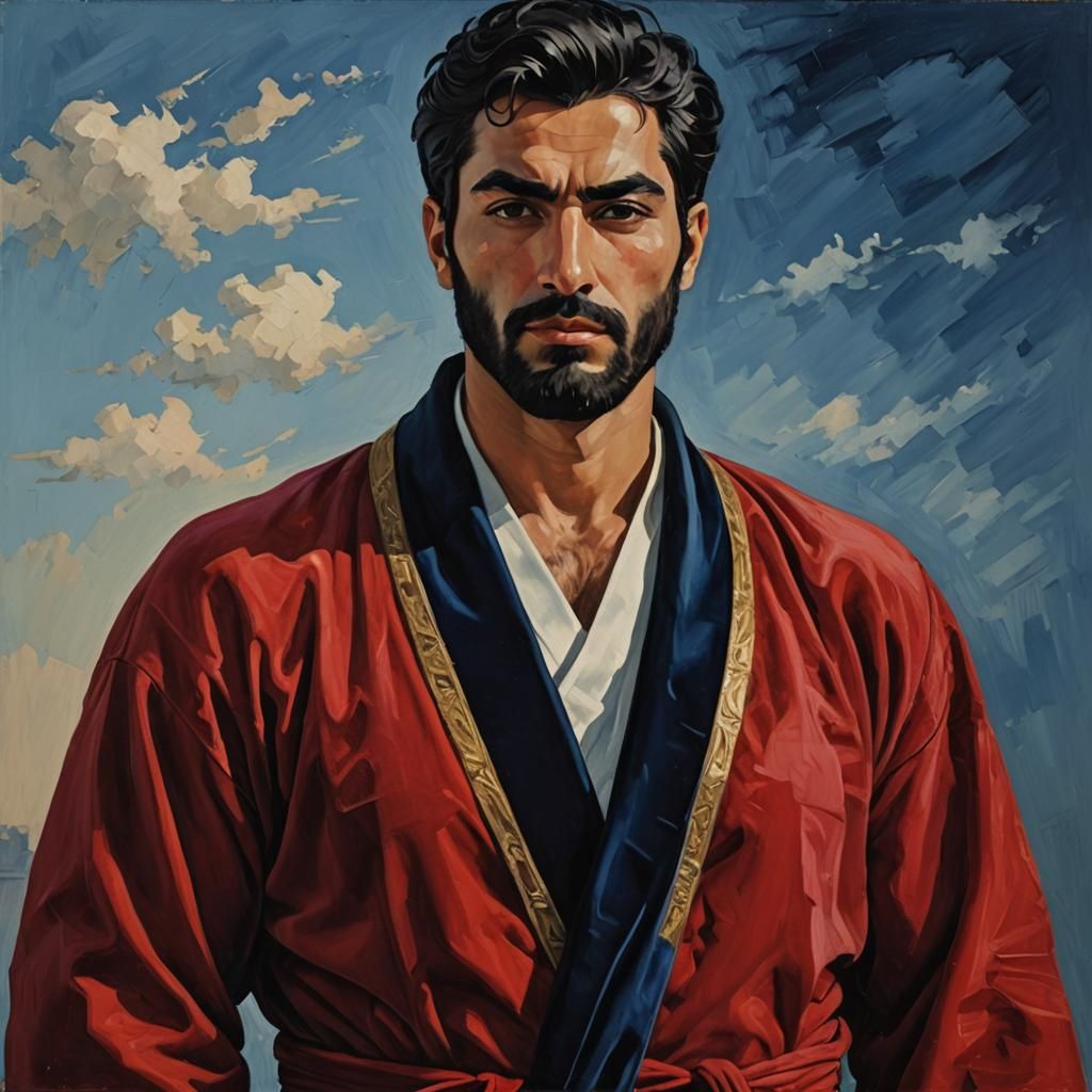 Dramatic Portrait of Man in Red Robe as Impasto Painting