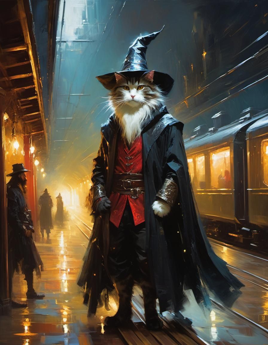 Wizard Cat Casting Magic in Medieval Train