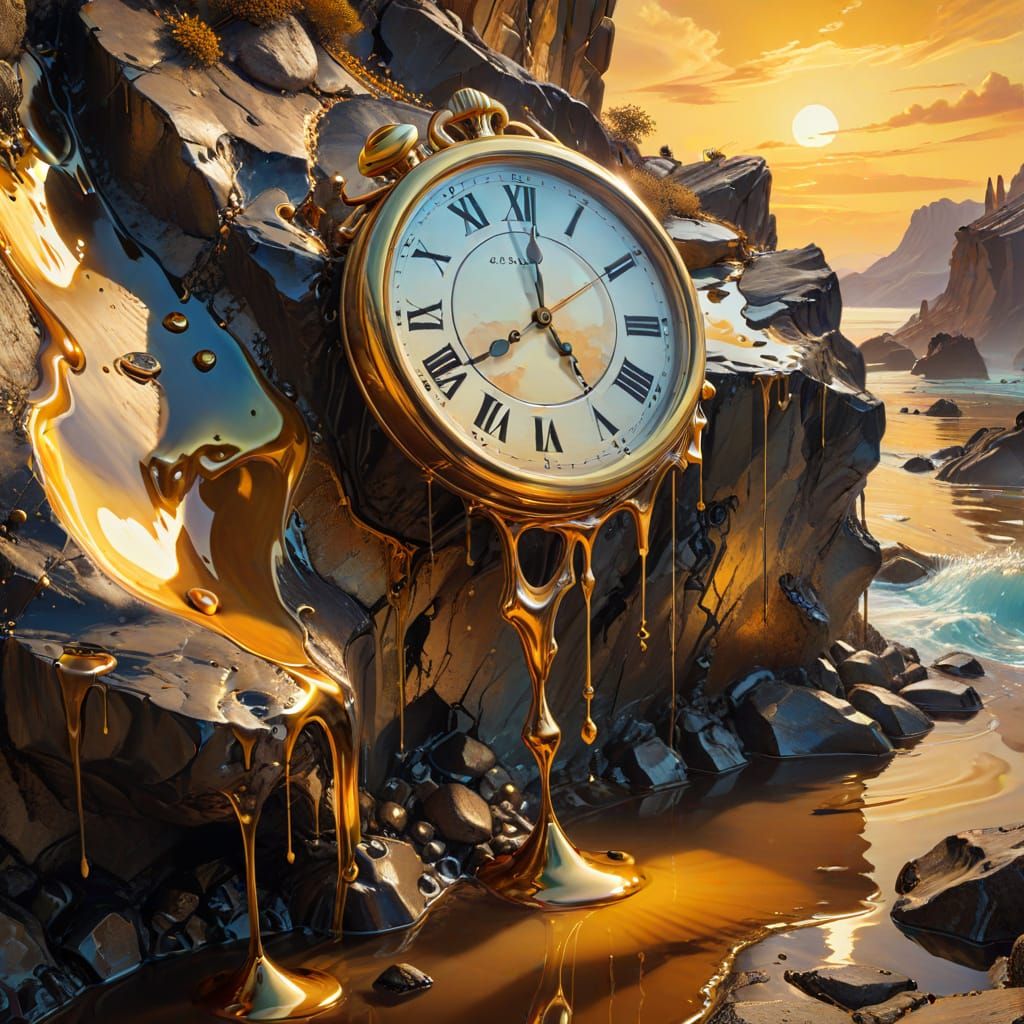 Melting Clock on Rocky Cliff in Surreal Oil Painting