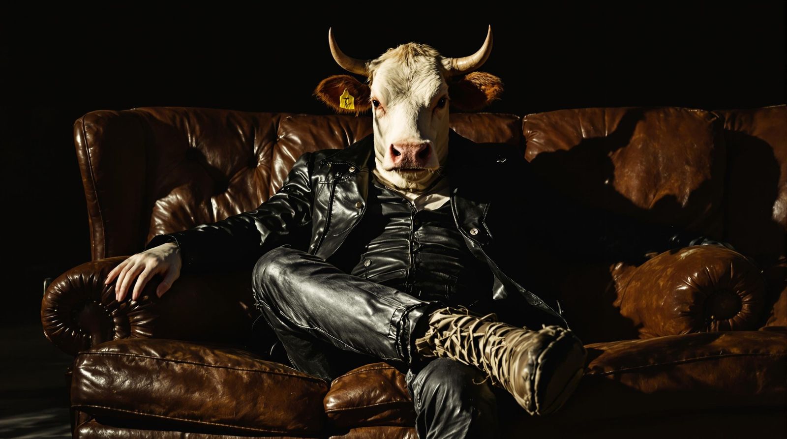 Haughty Cow in Leather Attire, Gritty Realism Style