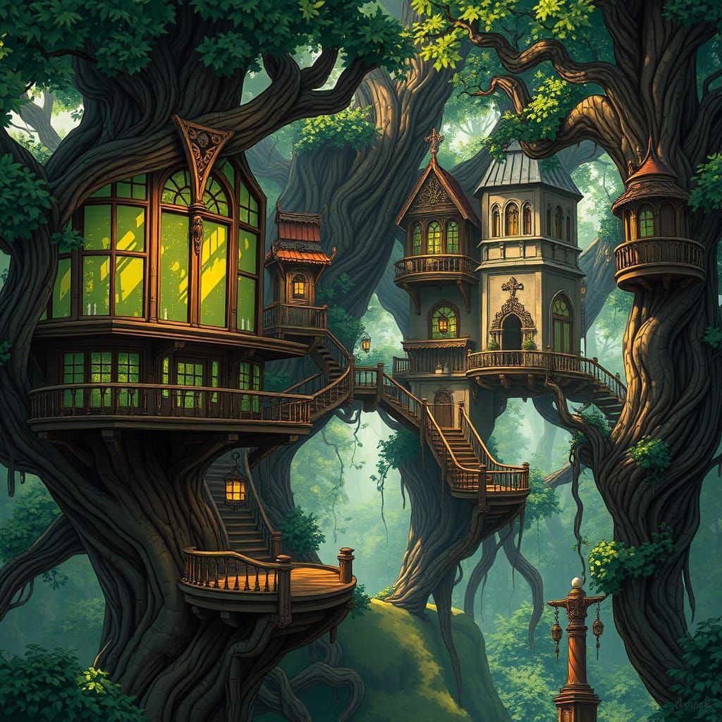 Whimsical Treehouse Metropolis in Dragon Age Fantasy Style