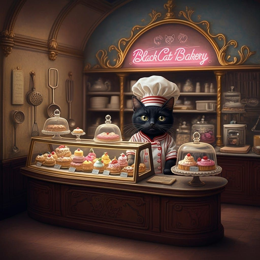 Black Cat Pastry Chef in Whimsical Bakery