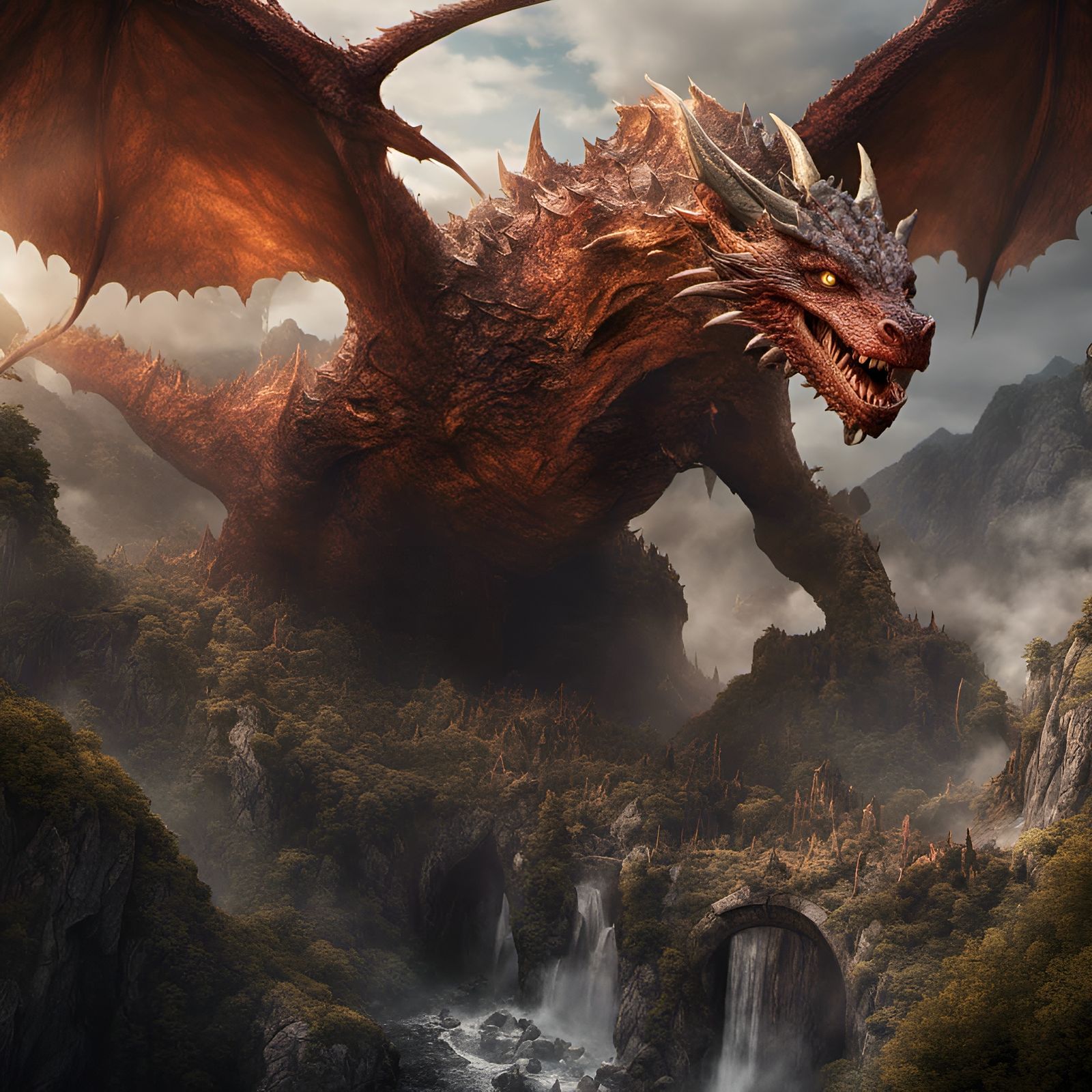 Smaug Attacks Hobbits: Detailed Fantasy Art