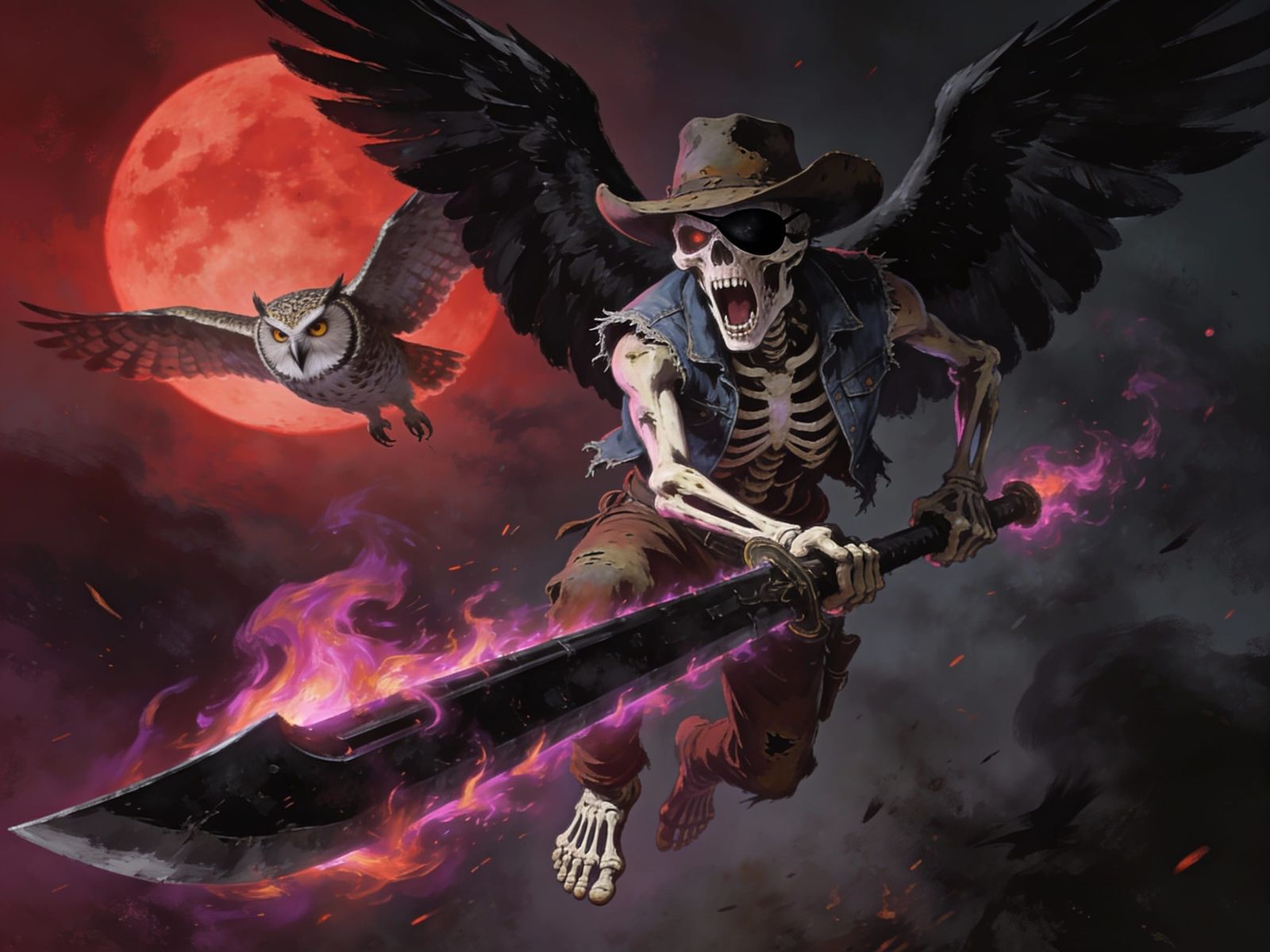 Skeleton Cowboy Flying with Angel Wings in Hellish Sky