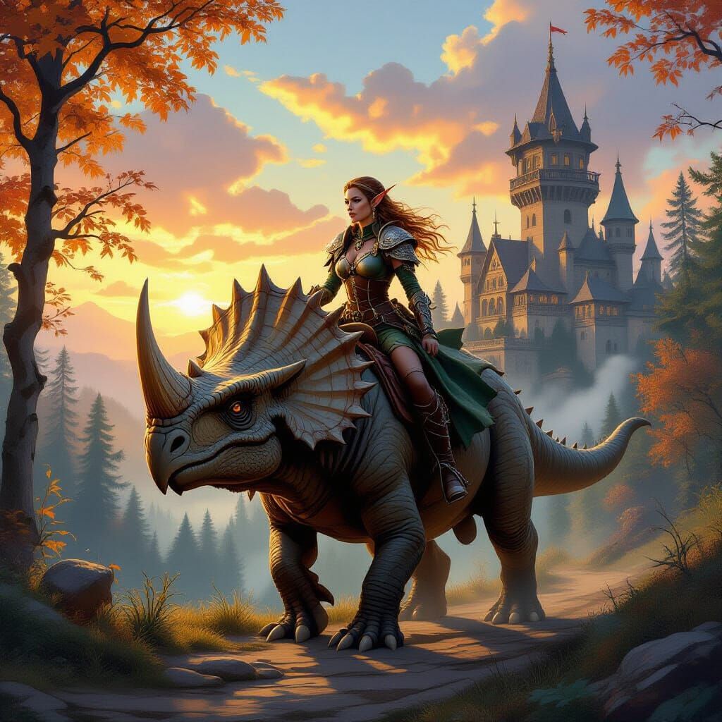 Wood Elf Warrior on Triceratops in Oil Painting
