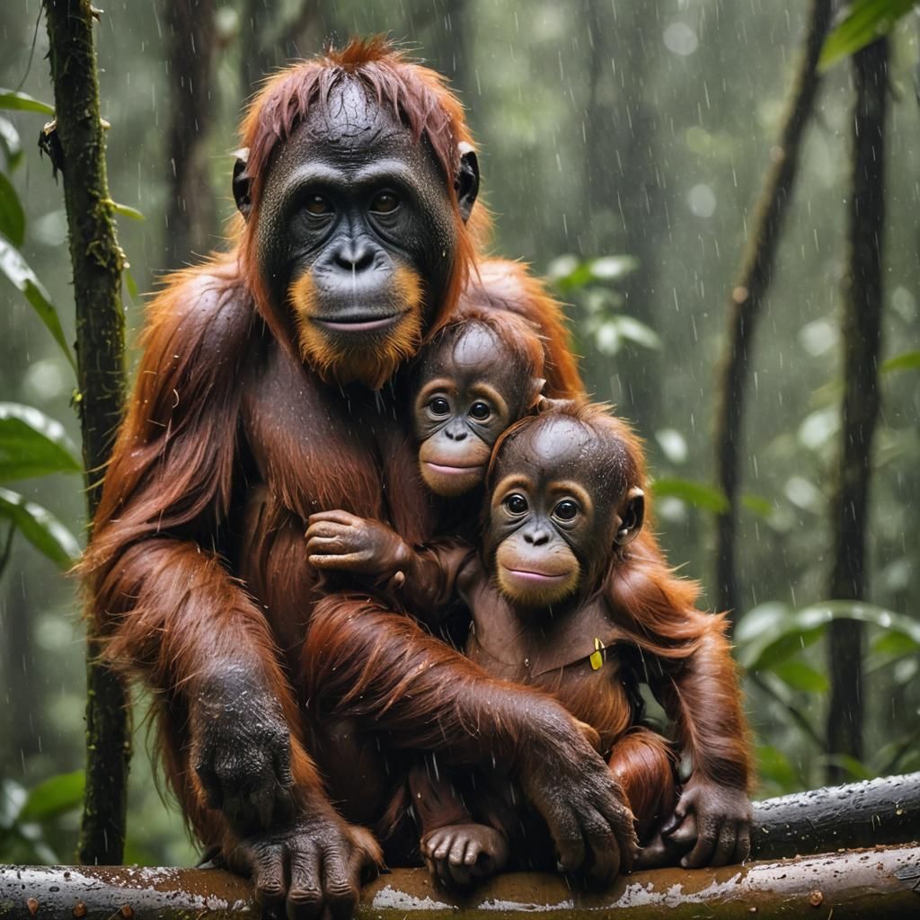Affectionate Orangutan Siblings in Rainforest Portrait
