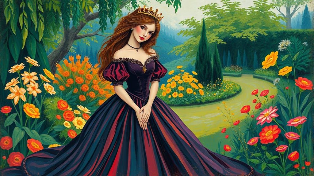 Whimsical Princess in a Vibrant Van Gogh-Inspired Garden