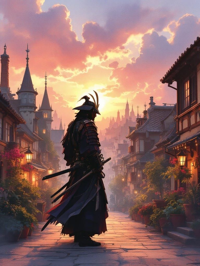 Ethereal Samurai in Whimsical Watercolor Sunset
