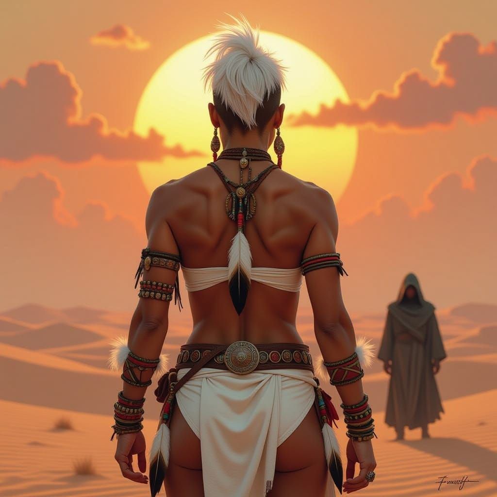Warrior Woman with Fiery Sky Background