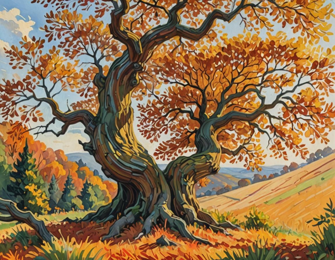 Autumn Tree in Gouache Painting with Golden Sunlight
