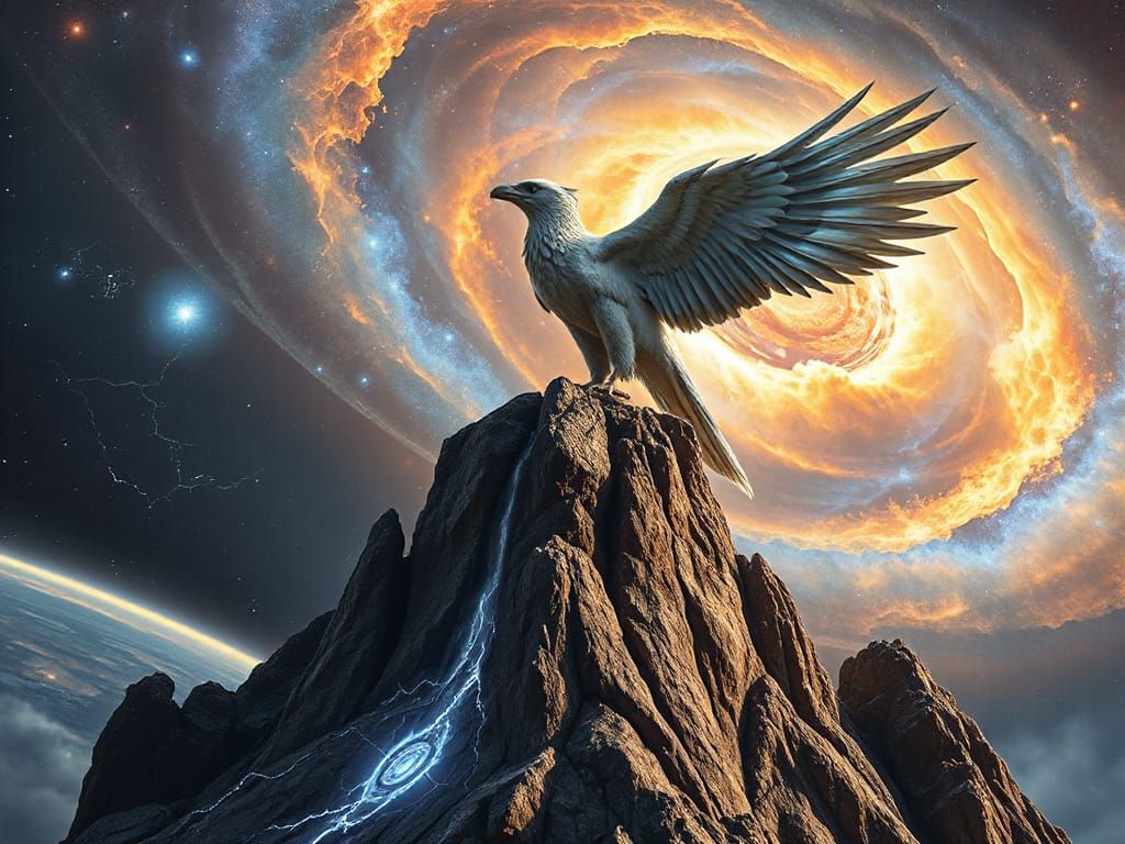 Griffin Perched Atop Mountain Gazing at Nebula