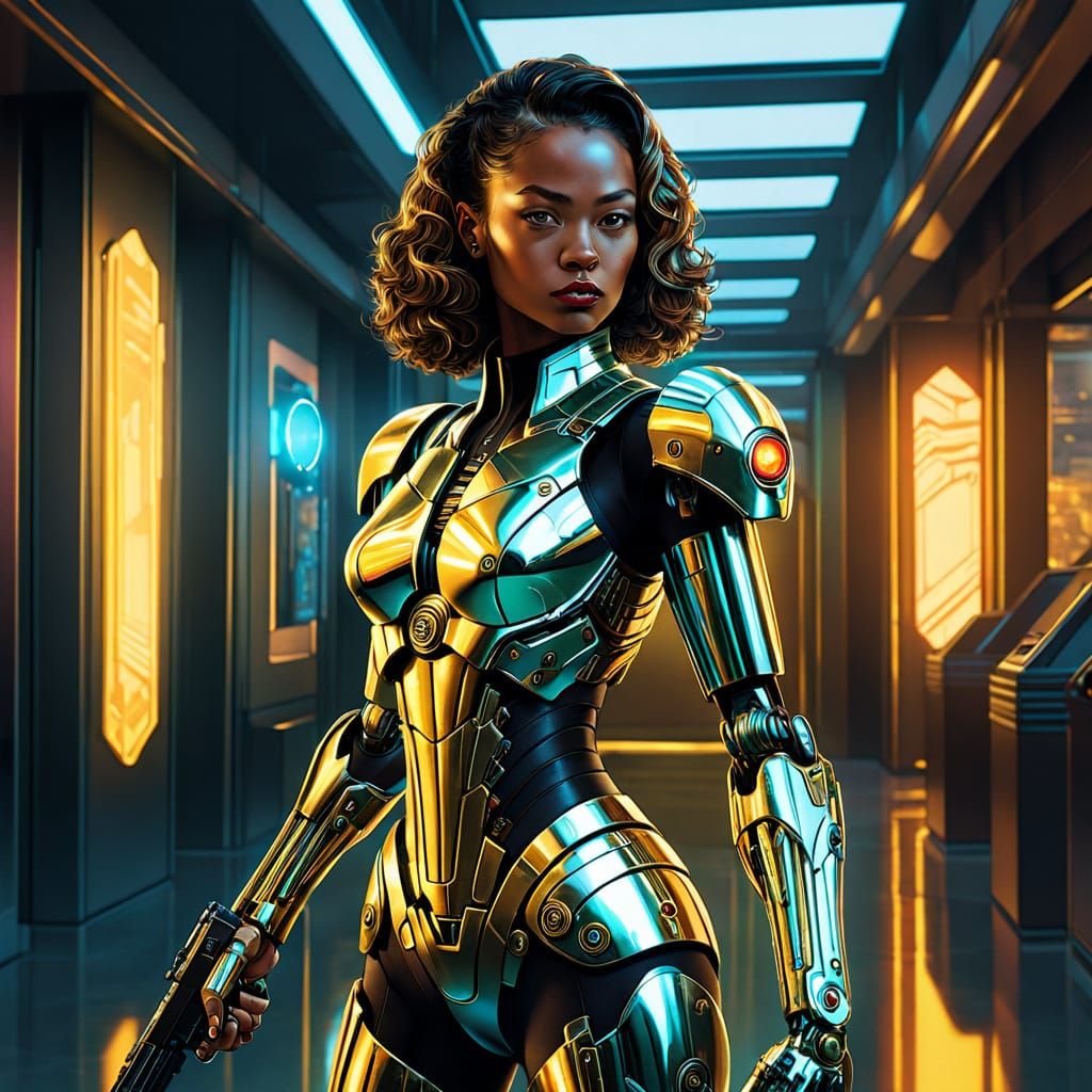 Cyborg Warrior in Retro-Futuristic Comic Art Style