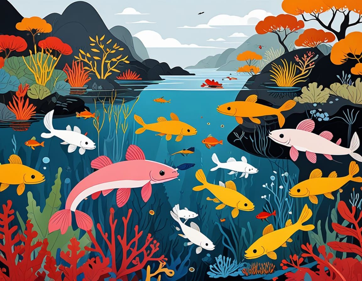 Axolotls in Golden Underwater Landscapes