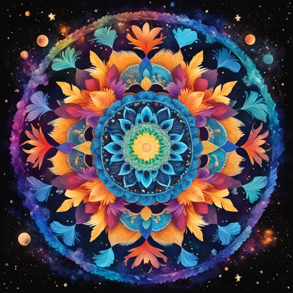 Vivid Feather Mandala in Cosmic Outer Space