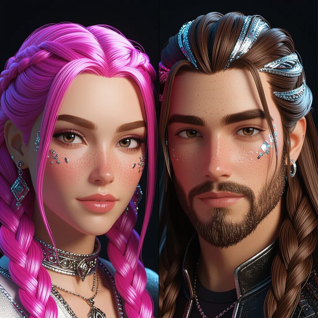 Pink and Silver Braided Hair Portraits in 3D UHD